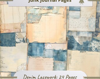Denim Lacework - Vintage Style 24 Pages Blue Collage Scrapbooking Illustrations For Junk Journal Stationery Craft Projects Ephemera Artistic