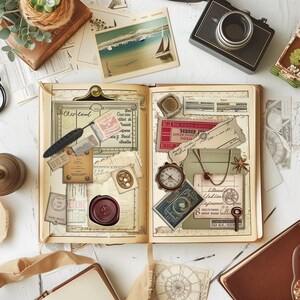 May include: An open journal with a variety of decorative paper scraps, stickers, and ephemera. The journal is open to a page with a compass, a clock, and a map. The journal is on a white surface with other decorative items.