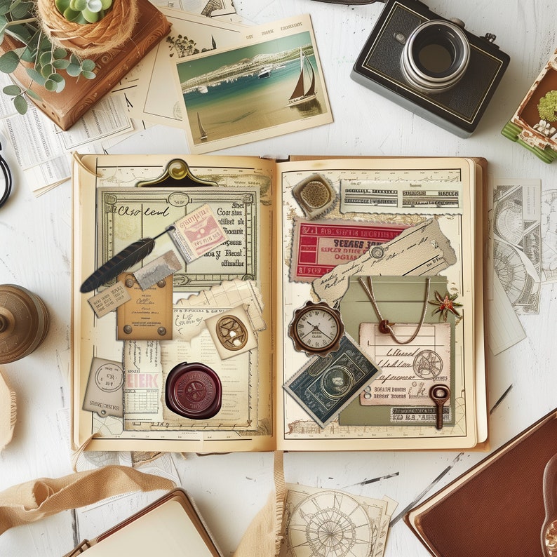 May include: An open journal with a variety of decorative paper scraps, stickers, and ephemera. The journal is open to a page with a compass, a clock, and a map. The journal is on a white surface with other decorative items.