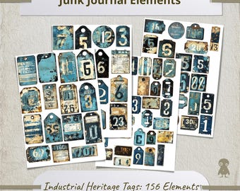 Vintage Grunge Number Tags Junk Journal Ephemera Aged Distressed Blue Rusted Metal Industrial Steampunk Scrapbook Decor 156 Piece Art Set
