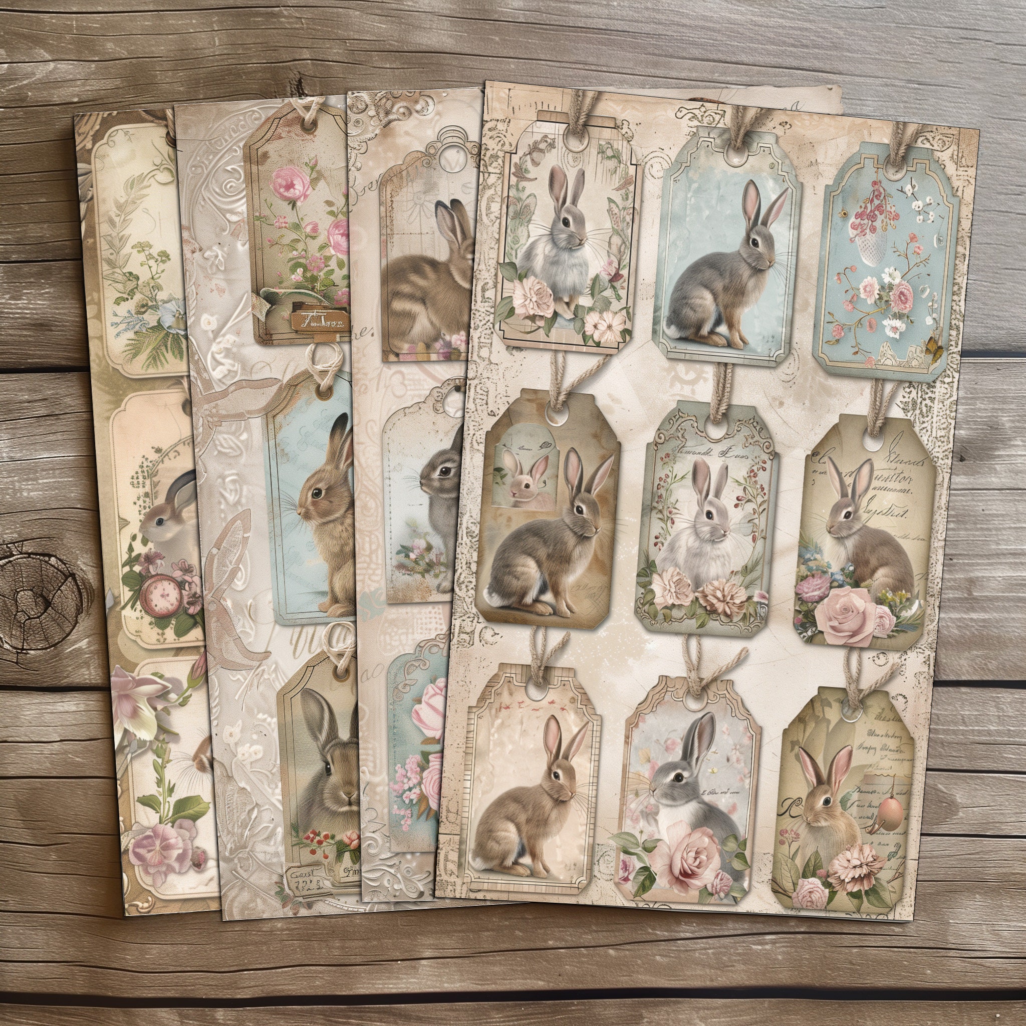 4 Printable Bunny Tag Pages Vintage Floral Rabbit Ephemera Digital ...