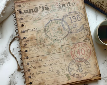 Op de afbeelding: Een vintage bruin notitieboek met een spiraalbinding. De omslag is versierd met verschillende oude postzegels en de tekst "Lund'is isde" is op de omslag gedrukt.
