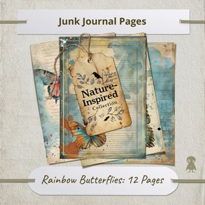 Regenbogen Schmetterlinge 12 Seiten Junk Journal Seite Blau und Hellbraun Ephemera Aquarell Splatter Schreibwaren Scrapbooking Printable DIY Kunst Dekor