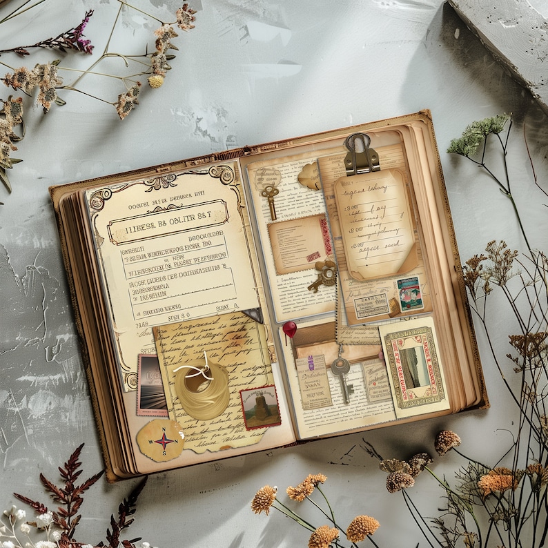 May include: An open vintage journal with brown leather cover and pages filled with handwritten notes, sketches, and ephemera. The journal includes a compass, keys, and stamps. The text on the page reads "11INESE, BS OBLITR 8&T".