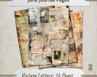 Op de afbeelding: Een verzameling van 12 vintage briefpagina's met vervaagde inkt en bruin papier. De pagina's zijn gelaagd en hebben een verweerde uitstraling.  Junk Journal Pages: Vintage Letters: 12 Pages