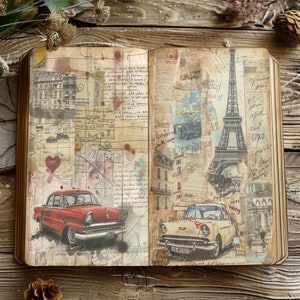 4 vintage digitale ongewenste dagboekpagina's met Parijs-thema collageblad artistiek plakboek DIY-uitnodiging knutselen afdrukbare kunstcollectie ontwerp