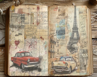 Puede incluir: Un diario vintage abierto con páginas llenas de notas escritas a mano, bocetos y efímeras. Las páginas presentan imágenes de la Torre Eiffel, coches antiguos y escenas de calles parisinas. El diario tiene un aspecto desgastado y envejecido y es un gran ejemplo de efímeras vintage.