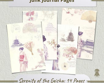 Japanese Geisha Illustration JunkJournal Set Pagoda Fan Cherry Blossom Art Aesthetic Traditional Kimono Floral Theme Soft Pastel Colors
