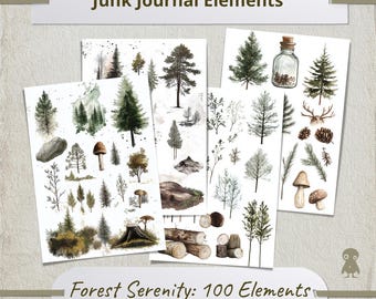 Forest Ephemera Collection Junk Journal Pages Trees Mushrooms Watercolor Nature Printable Botanical Art Collage Sheets Vintage Woodland