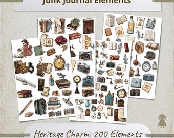 Vintage Journaling Ephemera Pack Retro Illustration Set For Planners Scrapbooking Antique Books Classic Clocks Floral Designs Pens Camera