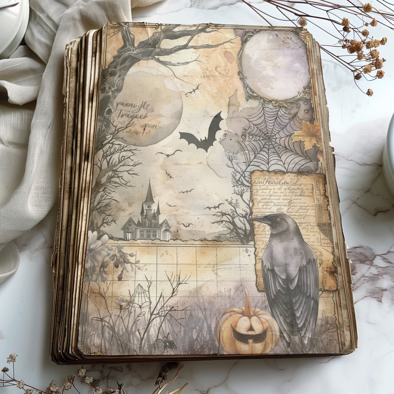 12 Vintage Halloween Gothic Junk Journal Pages With Spooky Bats Haunted ...