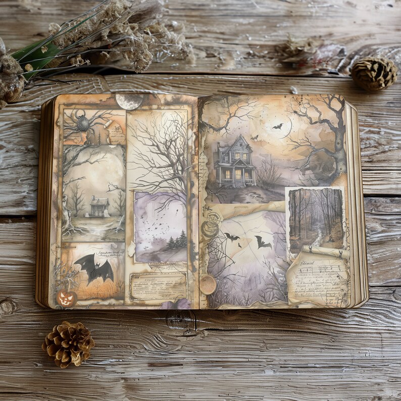 12 Vintage Halloween Gothic Junk Journal Pages With Spooky Bats Haunted ...
