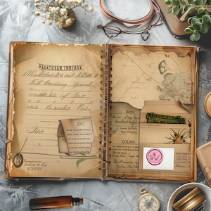 May include: An open vintage journal with brown leather cover and gold spiral binding. The pages are filled with handwritten notes and drawings. There are several small paper envelopes and a wax seal on the pages. The journal is on a gray surface with a small glass bottle and a pocket watch.