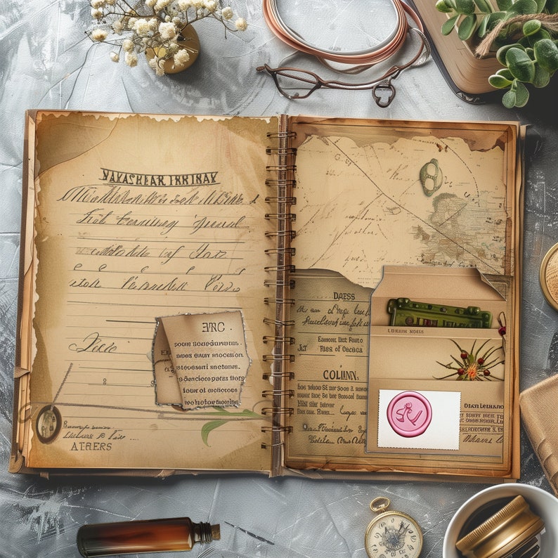 May include: An open vintage journal with brown leather cover and gold spiral binding. The pages are filled with handwritten notes and drawings. There are several small paper envelopes and a wax seal on the pages. The journal is on a gray surface with a small glass bottle and a pocket watch.