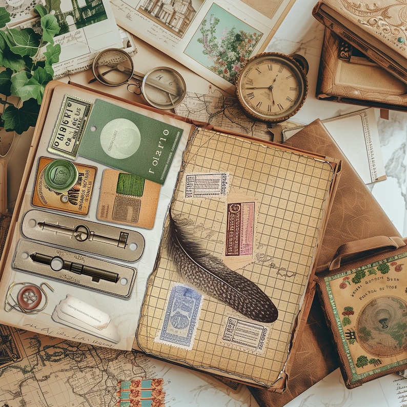 May include: A vintage-style journal with a grid pattern cover, featuring a feather, a clock, and various stamps and labels. The journal is open to reveal a blank page.