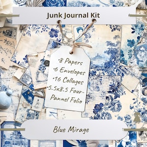Kit toile de scrapbooking, collage éphémère floral bleu vintage Illustrations anciennes Impressions botaniques Tampons papillon Arrière-plans Journalisation