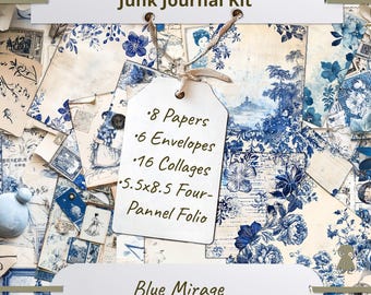 Vintage Blue Floral Ephemera Collage Scrapbook Toile Kit Antique Illustrations Botanical Prints Butterfly Stamps Backgrounds Journaling
