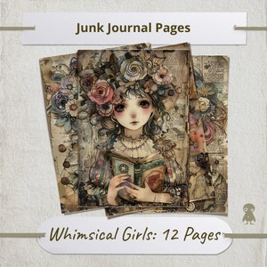 12 Vintage wunderliche Mädchen Junk-Journal Seiten Floral Kunstwerk Shabby Chic Dekor Junk-Journal Zubehör strukturiertem Hintergrund Mischtechnik
