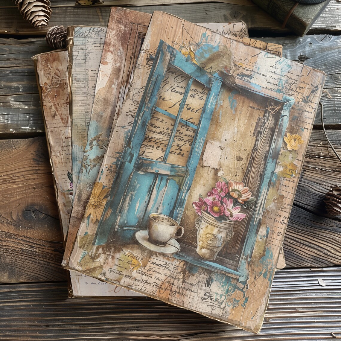 4 Rustic Window View Pages, Digital Art, Cozy Aesthetic With Coffee and ...