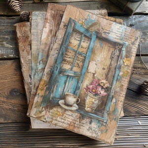 4 rustikale Fenster Ansicht Seiten Digital Art gemütliche Ästhetik mit Kaffee und Blumen Scrapbook Journal Set Victorian Ladies Clipart DIY Design