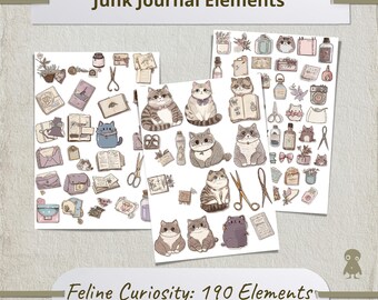 Vintage Cat Illustrations Ephemera Junk Journal Kit Scrapbooking Stickers Cute Feline Reading Book Sewing Tools Nautical Theme Craft