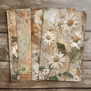 4 Vintage Daisy Delights Rustikale Eleganz Digitaldruck Set zum Basteln Vintage Daisy Print Rustikale Blumen Kunst Antike Spitze Sammelalbum DIY Daisy