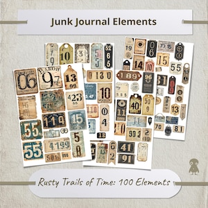 Ephemera Vintage Numery Tagi Junk Journal Cyfrowy Kolaż Arkusz Antyczny Styl Numer Etykiety Scrapbooking Drukowane Rzemiosło DIY Sztuka Retro