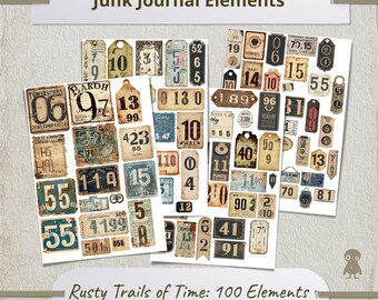 Vintage Ephemera Numbers Tags Junk Journal Digital Collage Sheet Antique Style Number Labels Scrapbooking Printable Diy Crafts Art Retro