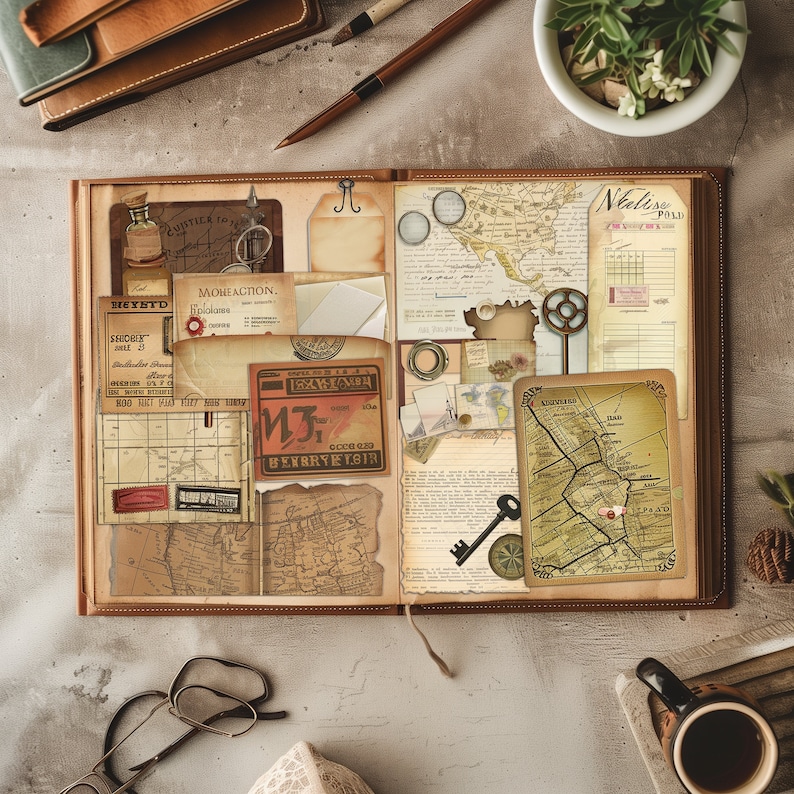 May include: An open vintage style journal with brown leather covers and pages filled with maps, keys, and other ephemera. The journal has a distressed look and feel, with brown, cream, and gold accents. The journal is perfect for scrapbooking, journaling, or creating art.