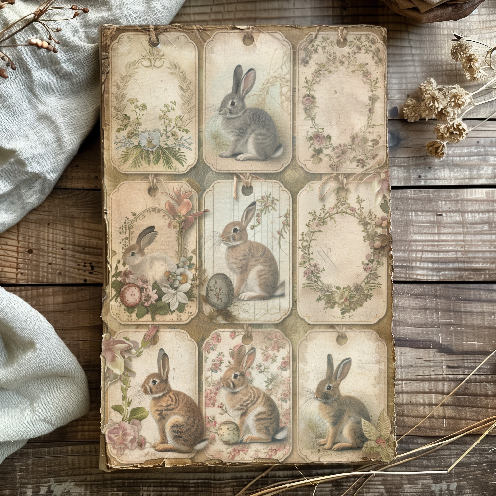 4 Printable Bunny Tag Pages Vintage Floral Rabbit Ephemera Digital ...