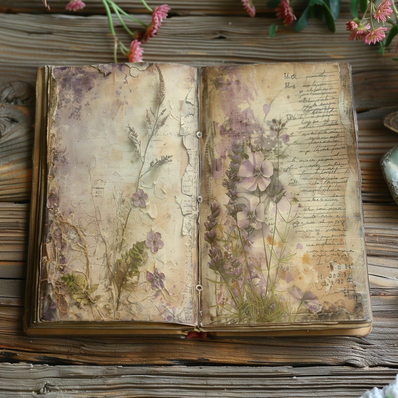 4 Vintage Floral Junk Journal Pages Digital Kit Scrapbooking Botanical ...