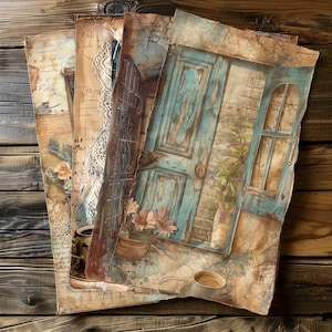 4 escenas digitales de puerta azul serena entrada encantadora con flores que invitan a la decoración del hogar Scrapbook Junk Journaling Vintage Collage imprimible