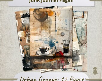 Puede incluir: Doce páginas de papel de collage digital con una estética vintage con una taza de café y una jarra de vidrio de café. Las páginas están diseñadas para su uso en diarios de chatarra y presentan un estilo grunge con acentos de acuarela marrón, azul y rojo.
