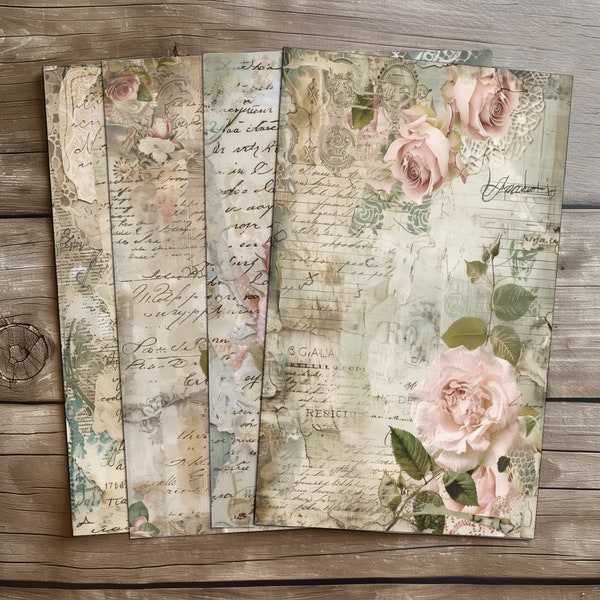 4 Vintage Rose Script Treasures, Heirloom Quality Printables for Crafting and Memory Keeping, Vintage Script, Heirloom Roses, Scrapbooking