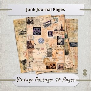 16 páginas de postagem vintage, coisas efêmeras, letras manuscritas antigas, marcos famosos, figuras históricas, arte de colagem, designs retrô, coleção de arte