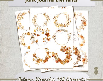 108 Autumn Floral Wreaths Junk Journal Scrapbook Fall Digital Illustrations Printable Clipart Ephemera Transparent PNG Collection Design