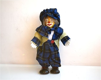 Vintage 8" Clown Doll Collectible Porcelain Ceramic Face Blue Yellow Costume Hand Painted Harlequin Kids Toy Figurine Gift MCM Mid Century