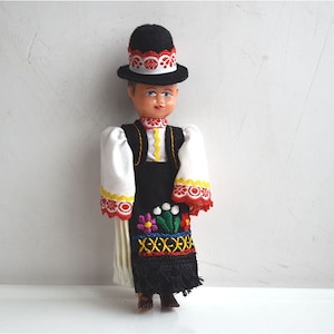 Vintage Hungarian Matyo Man Doll Plastic Collectible Figurine Authentic Folk Ethnic Costume Kids Toy MCM Mid Century European Nursery Decor
