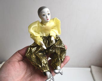 Vintage 7" Pierrot Clown Porcelain Bisquit Bisque Doll Figurine Venetian Mask Masquerade Italian Arlequin European MCM Art Hand Painted