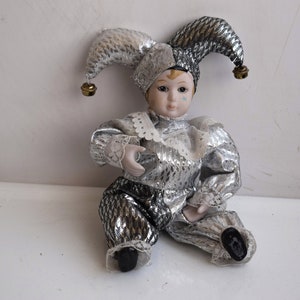 Vintage Collectible Harlequin Doll Porcelain Hand Painted Face Clown Doll Silver Gray Costume Figurine Jester MCM Nursery Decor