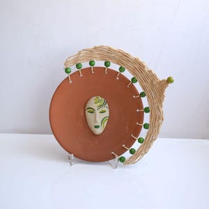 Vintage 9&quot; Clay Venetian Mask Face Wall Hanging Plate Hand Painted Art Deco European Germany Pottery Home Cottage Core Rustic Farmhouse Art