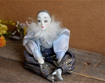 Vintage Pierrot Clown Porcelain Bisquit Bisque Doll Figurine Mask Masquerade Italian Arlequin European MCM Art Hand Painted Venetian