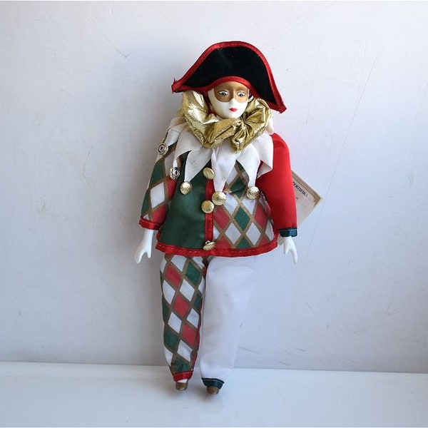 vintage 11" Arlecchino Arlequin Clown Doll Arlequin Masque vénitien Peint Porcelaine Visage Mascarade Italien Jester Collectible Art