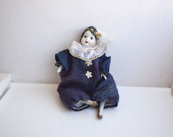 Vintage 11" Pierrot Clown Doll Harlequin Venetian Mask Painted Bisque Porcelain Face Masquerade Italian Arlequin Jester Collectible Art