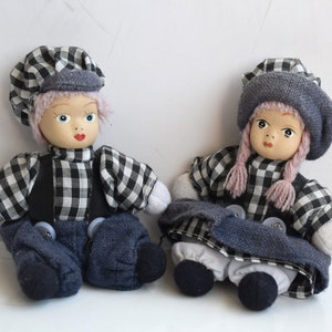 Vintage Porcelain Dolls Couple Boy Girl Bisquit Bisque Porcelain Hand Painted Face Cloth Kids Toy Figurine MCM Nursery Gift