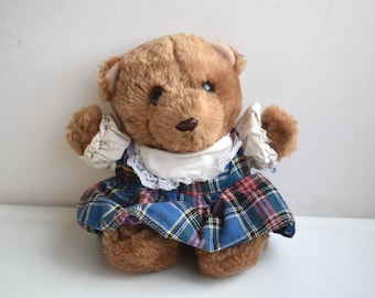 Vintage 8" Girl Teddy Bear Blue Dress Plush Stuffed Soft Toy European France Kids Nursery Room MCM Decor Animal Figurine