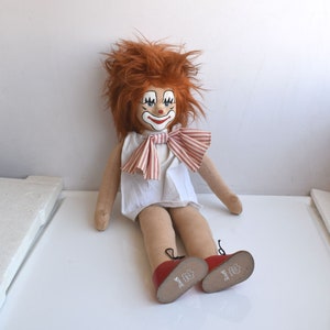 Vintage 20&quot; Collectible MCM Large Clown Doll Circus Bozo Jester Stuffed Plush Doll Hard Rubber Face Cloth Body Germany 60s Figurine