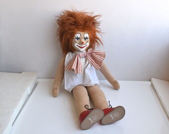 Vintage 20" Collectible MCM Large Clown Doll Circus Bozo Jester Stuffed Plush Doll Hard Rubber Face Cloth Body Germany 60s Figurine