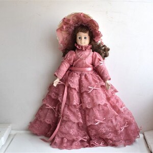 Vintage 19&quot; Porcelain Doll MCM Bisquit Bisque Face Figurine Pink Gown European Mid Century Modern Art Hand Painted Kids Toy Nursery Gift