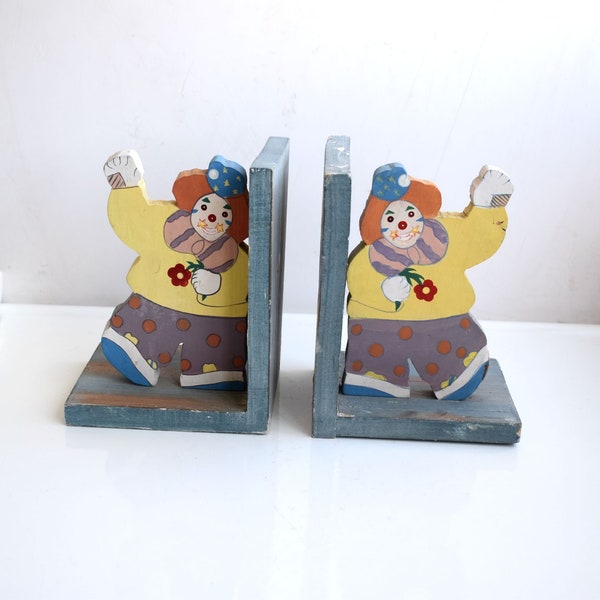 Vintage Shudehill Giftware Set of 2 Wood Clown Jester Bookend Book End Kids Toy Nursery Room Decor MCM Statue Figurine Rustic Cottage Core